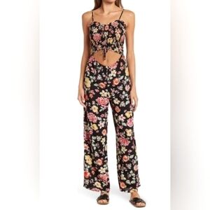 Retrod Sweatheart Ruffle Neckline Smocked Floral Wide-Leg Pant Jumpsuit Small